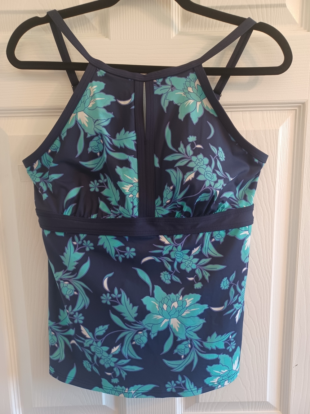 Lands' End Navy/Teal Floral High Neck Swim Tankini Soft Molded Bra Cups Tropical